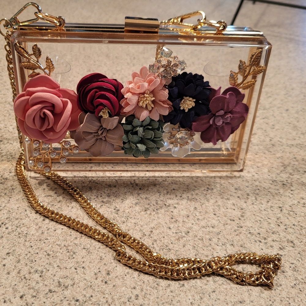 Floral & acrylic evening shoulder bag/clutch used once